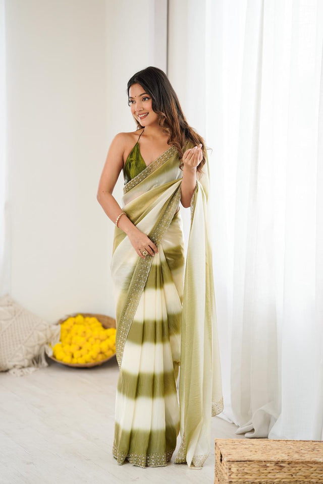 Green Embellished Satin Saree (ACA5649)