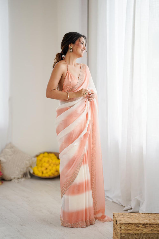 Peach Embellished Satin Saree (ACA5650)