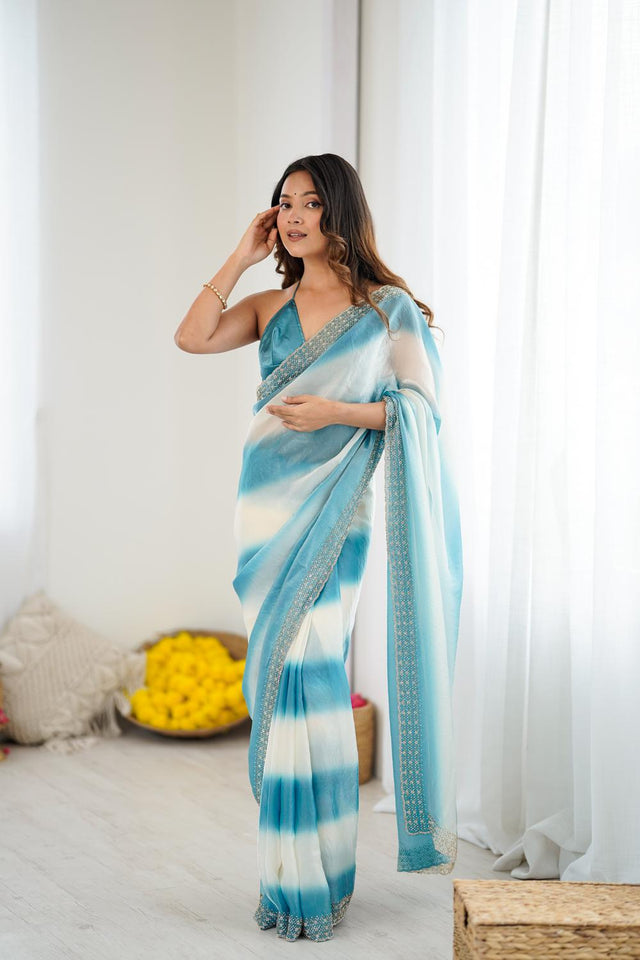 Blue Embellished Satin Saree (ACA5652)