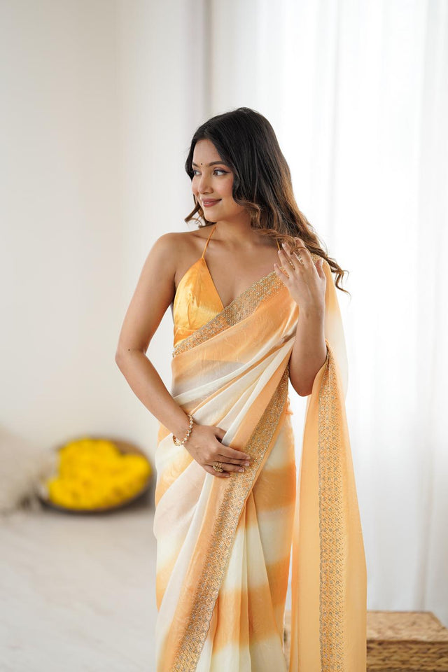 Yellow Embellished Satin Saree (ACA5653)