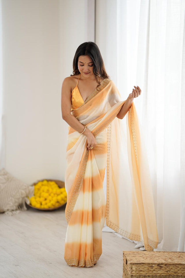 Yellow Embellished Satin Saree (ACA5653)