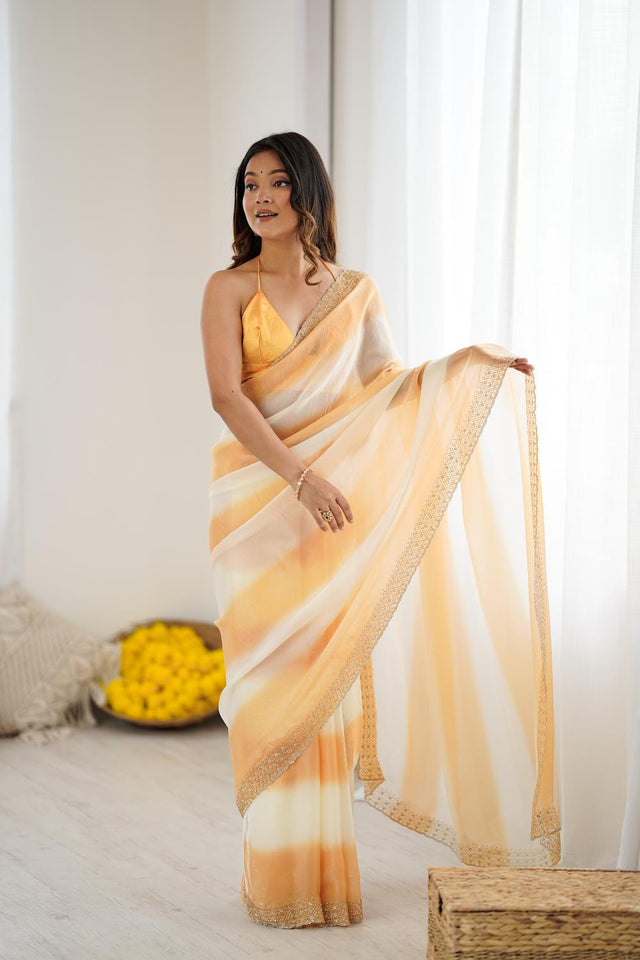 Yellow Embellished Satin Saree (ACA5653)