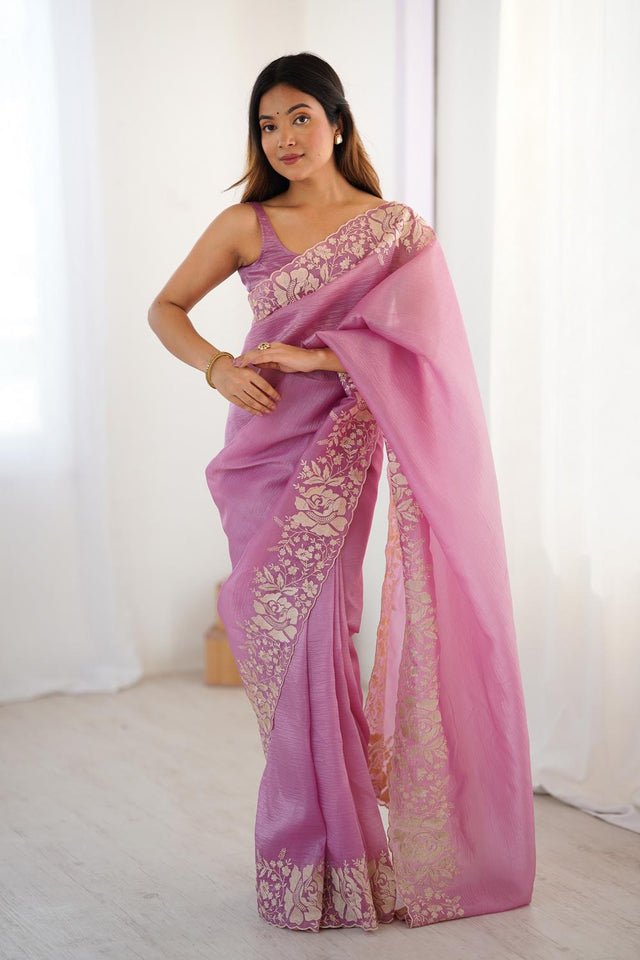 Pink Floral Embroidered Chiffon Saree (ACA5655)