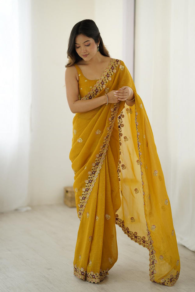 Mustard Sequin with Embroidered Crepe Saree (ACA5656)