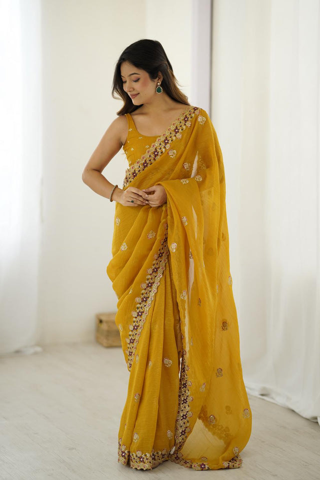 Mustard Sequin with Embroidered Crepe Saree (ACA5656)
