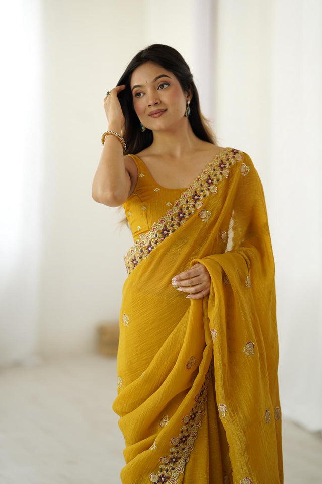 Mustard Sequin with Embroidered Crepe Saree (ACA5656)