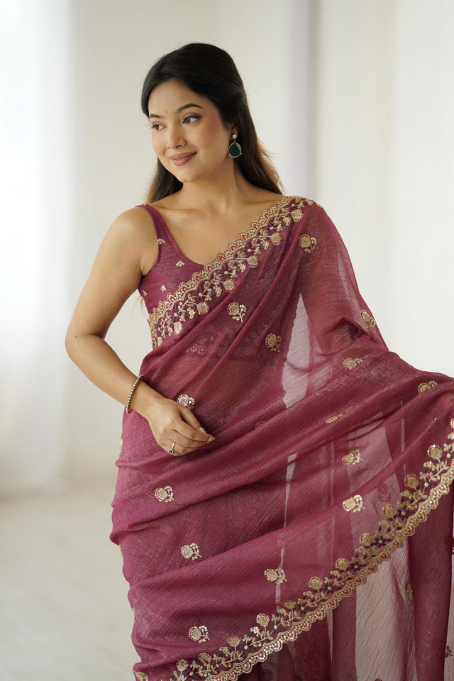Red Sequin with Embroidered Crepe Saree (ACA5657)