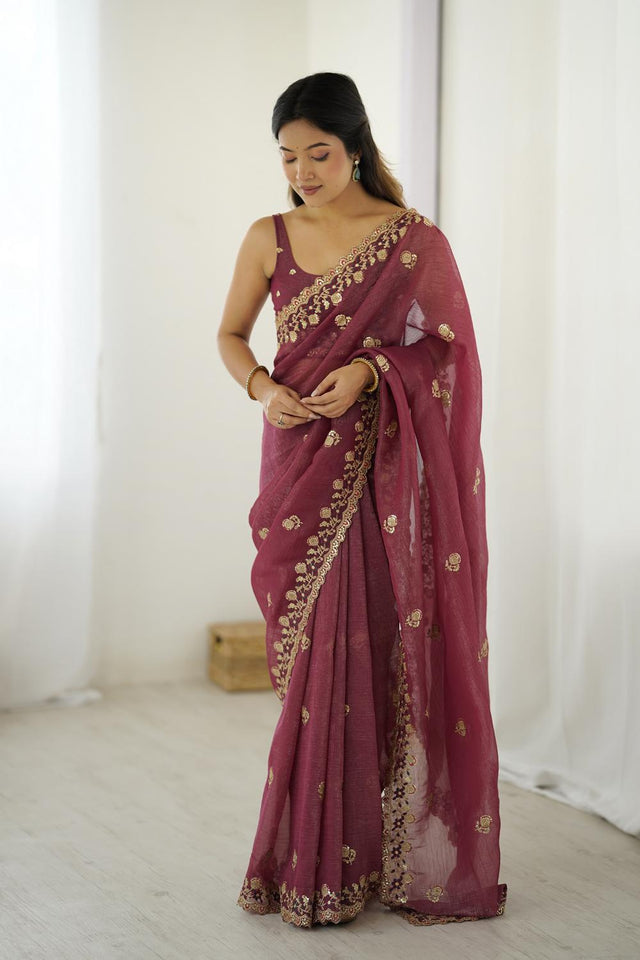 Red Sequin with Embroidered Crepe Saree (ACA5657)