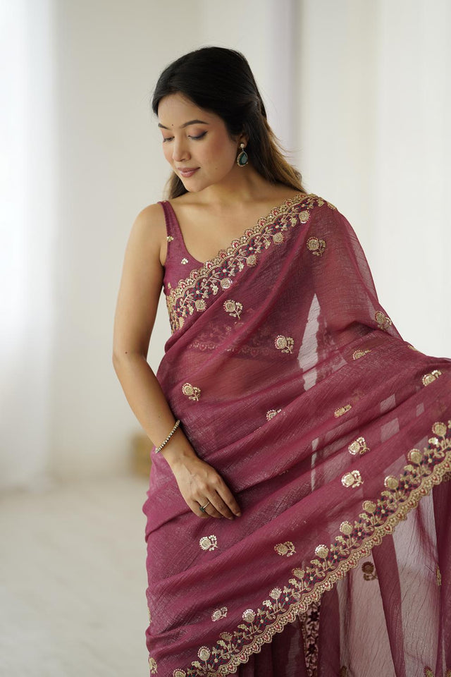 Red Sequin with Embroidered Crepe Saree (ACA5657)