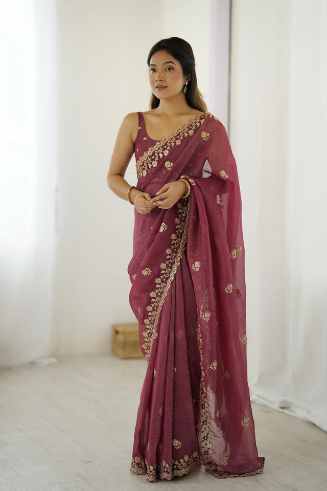 Red Sequin with Embroidered Crepe Saree (ACA5657)