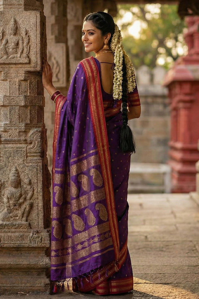 Violet Zari Woven Silk Saree (ACA5662)
