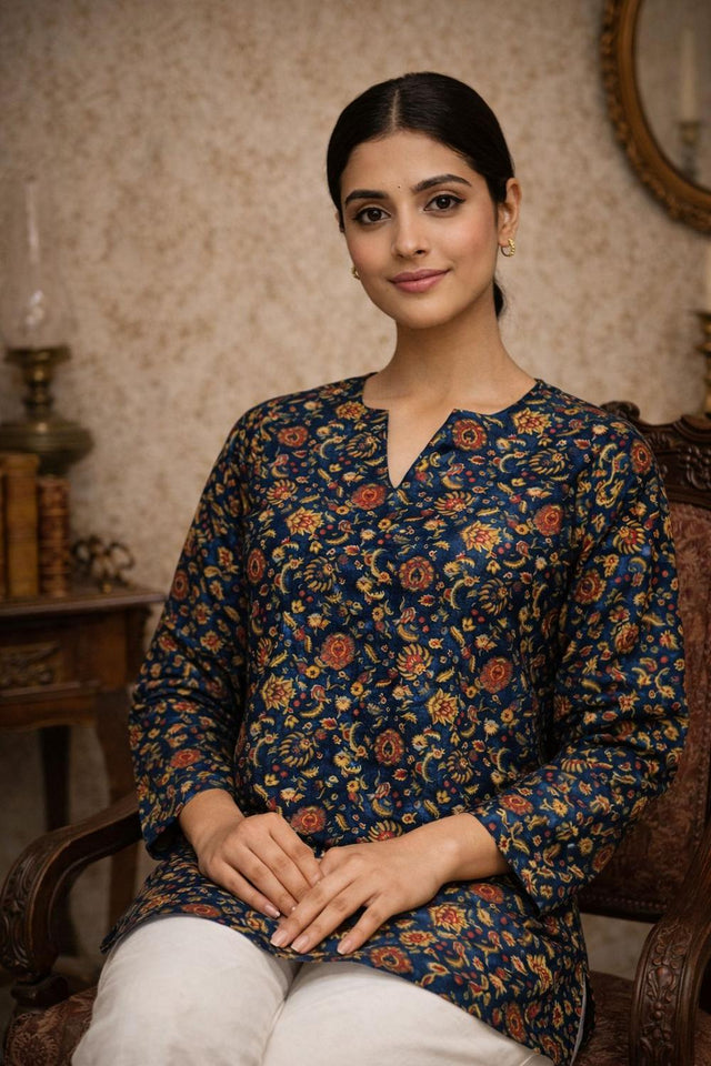 Blue Floral Printed Muslin Short Kurti (ACA5674)