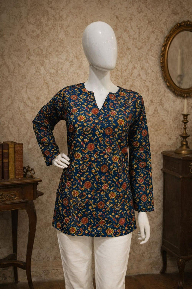 Blue Floral Printed Muslin Short Kurti (ACA5674)