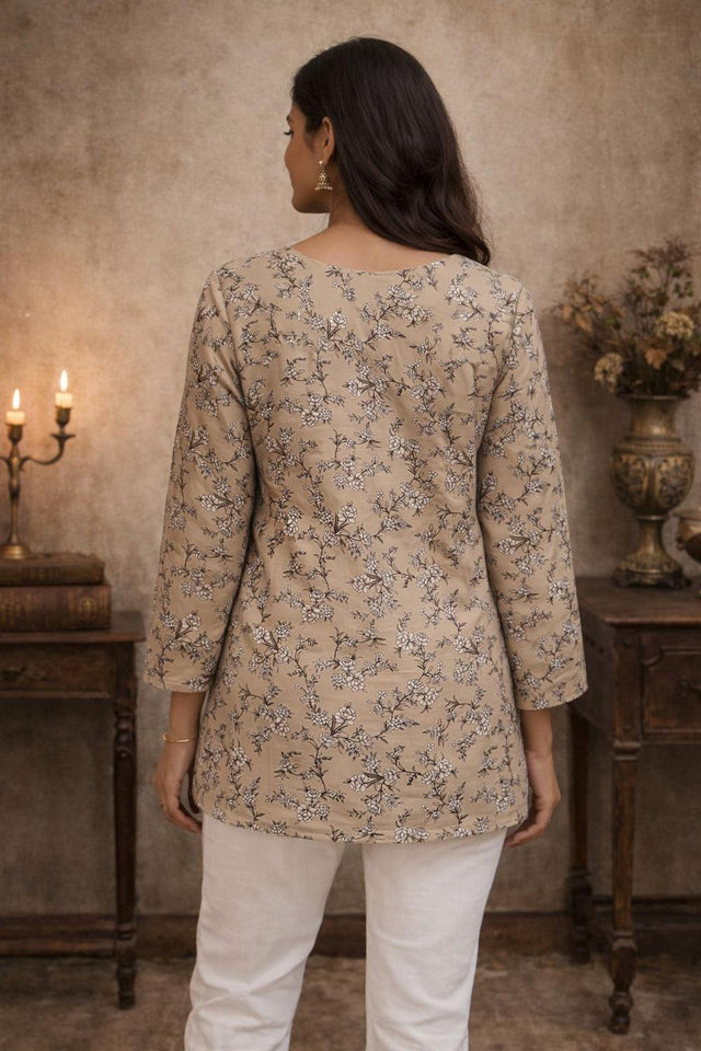 Beige Floral Printed Muslin Short Kurti (ACA5675)