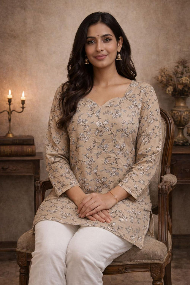 Beige Floral Printed Muslin Short Kurti (ACA5675)