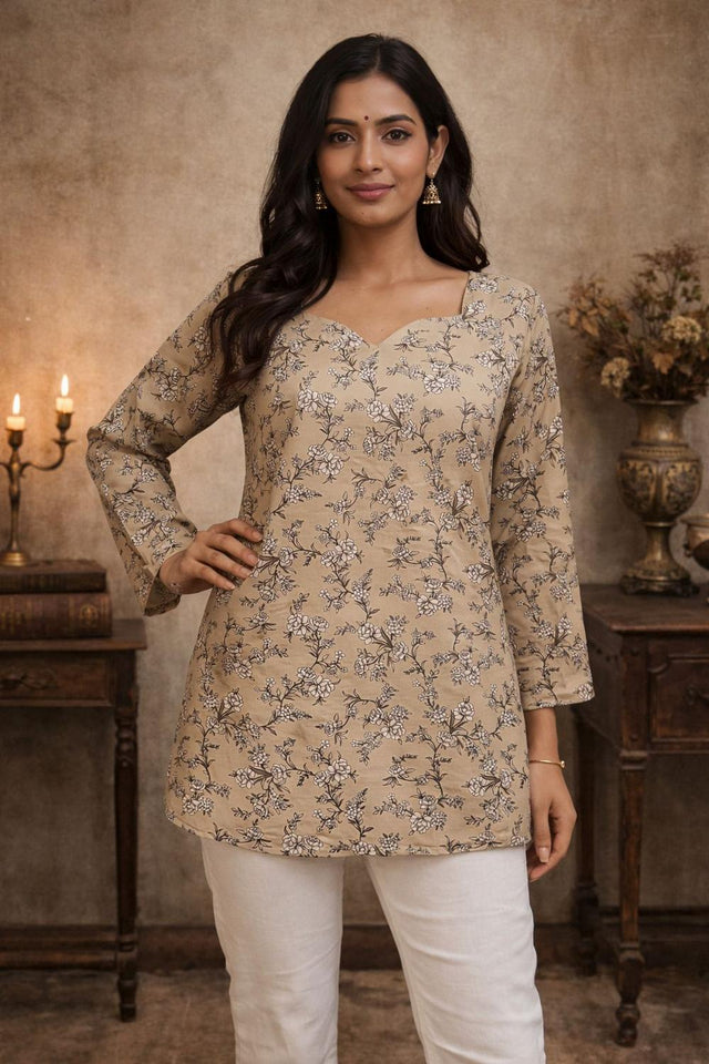 Beige Floral Printed Muslin Short Kurti (ACA5675)