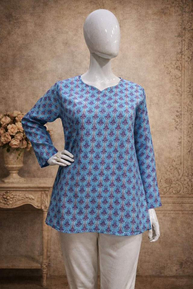 Blue Printed Muslin Short Kurti