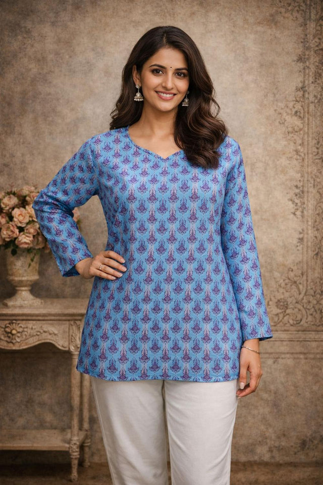 Blue Printed Muslin Short Kurti