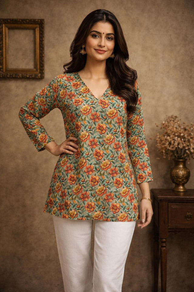 Peach Printed Muslin Short Kurti (ACA5678)