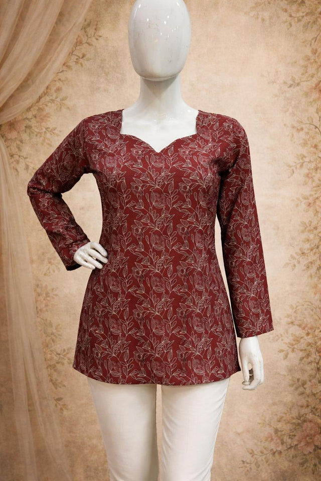 Maroon Floral Printed Muslin Short Kurti (ACA5682)