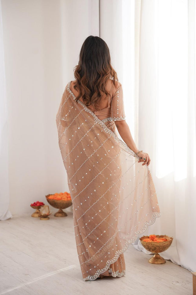 Beige Sequin Net Saree