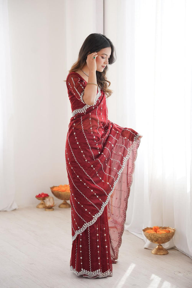Maroon Sequin Net Saree