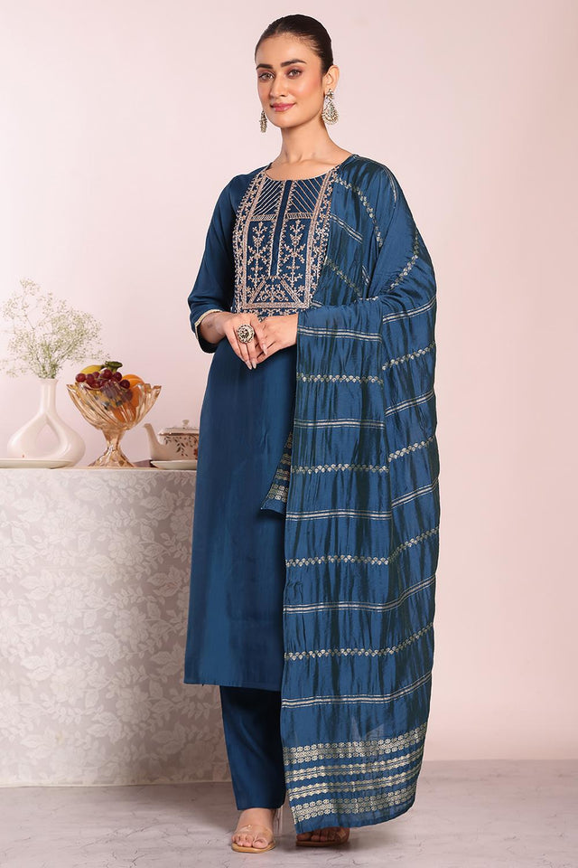 Turquoise Embroidered Silk Kurti Pant Set (ACA5691)