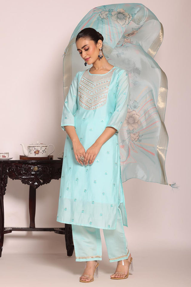 Sea Green Sequin with Embroidered Silk Kurti Pant Set (ACA5694)