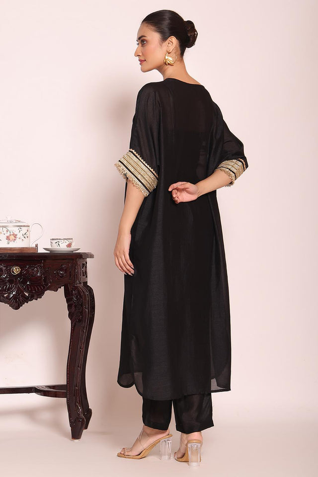 Black Sequin with Embroidered Silk Kurti Pant Set (ACA5696)