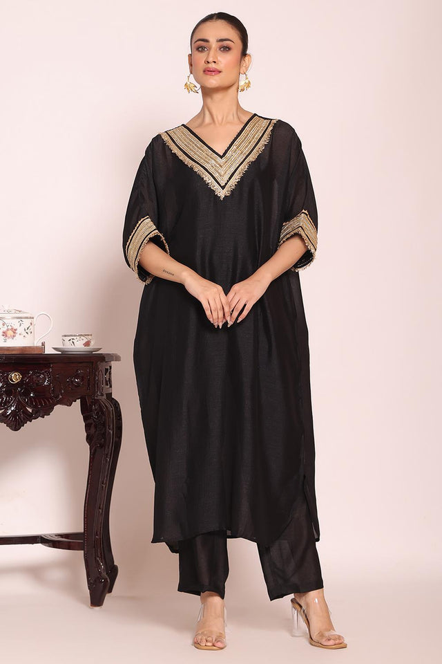 Black Sequin with Embroidered Silk Kurti Pant Set (ACA5696)