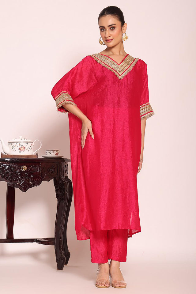 Pink Sequin with Embroidered Silk Kurti Pant Set (ACA5697)