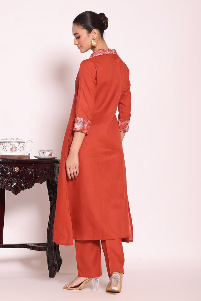 Rust Solid Silk Kurti Pant Set (ACA5698)