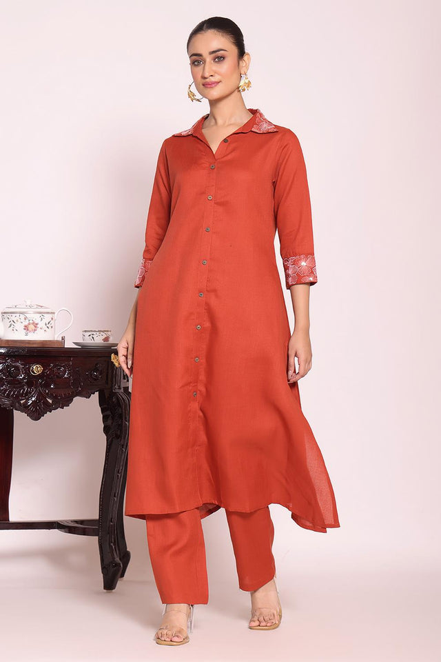 Rust Solid Silk Kurti Pant Set (ACA5698)
