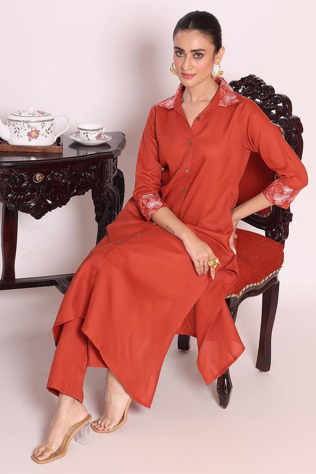 Rust Solid Silk Kurti Pant Set (ACA5698)