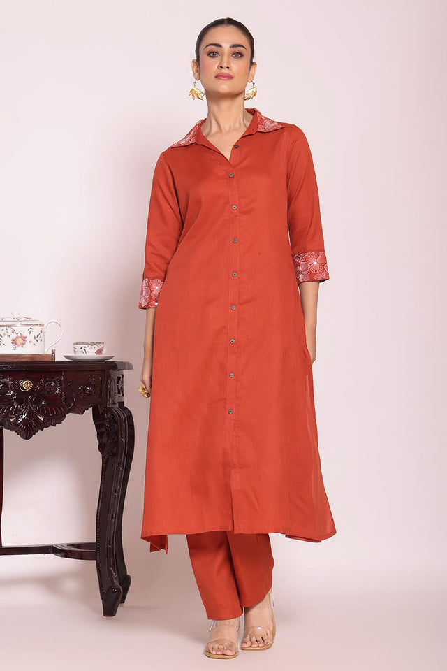 Rust Solid Silk Kurti Pant Set (ACA5698)