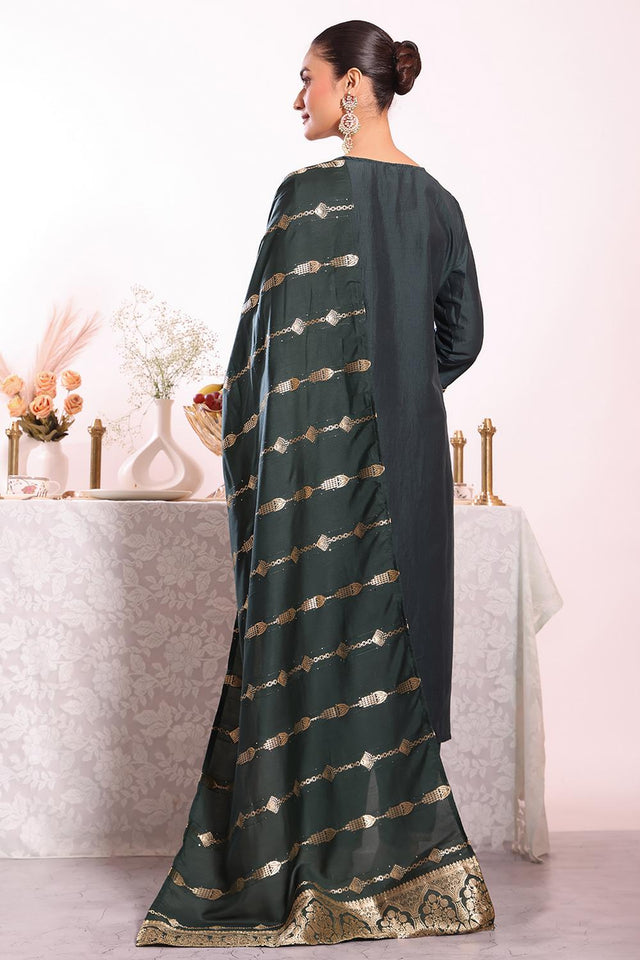 Black Embroidered Silk Kurti Pant Set (ACA5700)