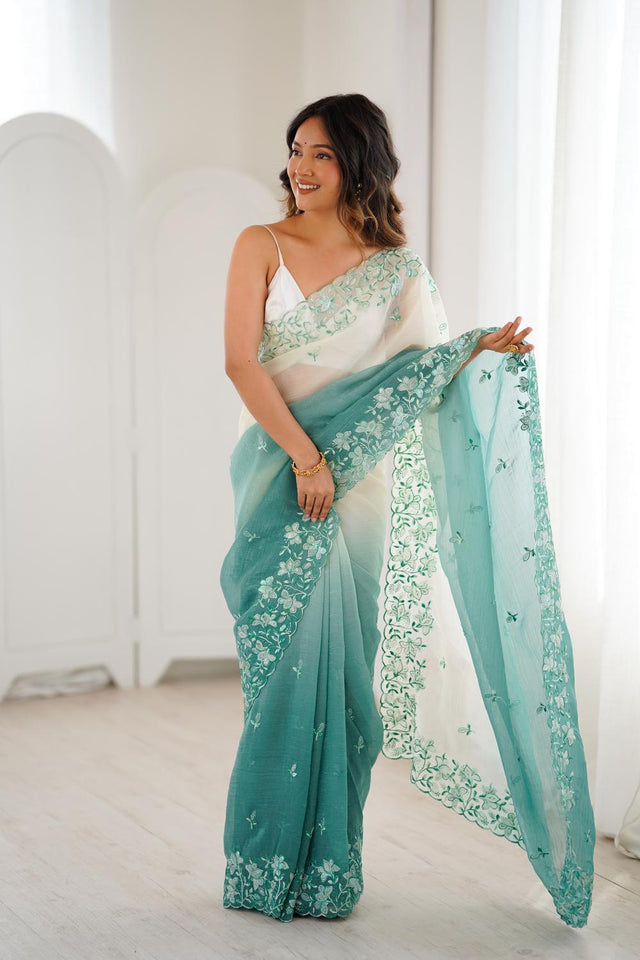 Turquoise Floral Embroidered Chiffon Saree (ACA5701)