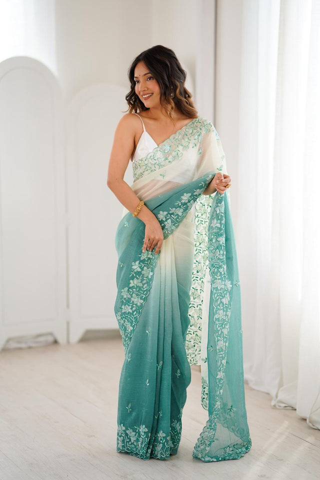 Turquoise Floral Embroidered Chiffon Saree (ACA5701)