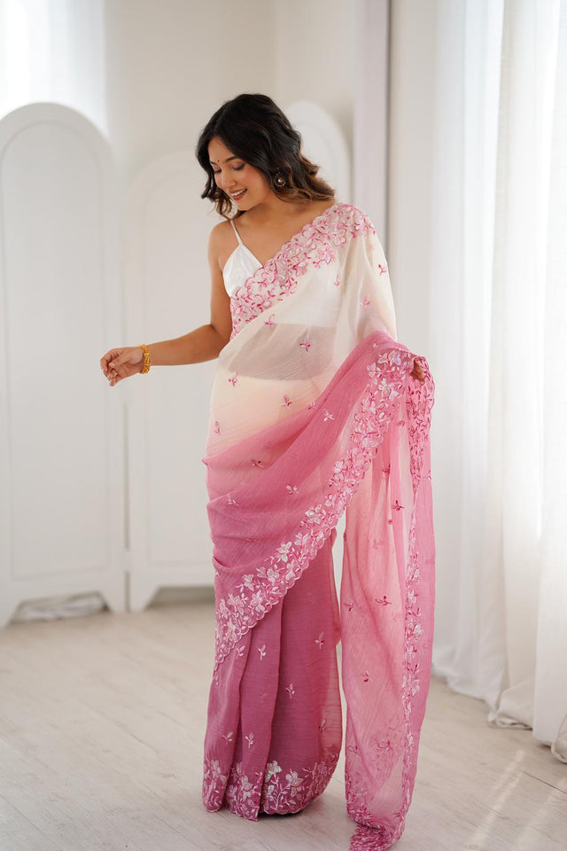 Pink Floral Embroidered Chiffon Saree (ACA5703)