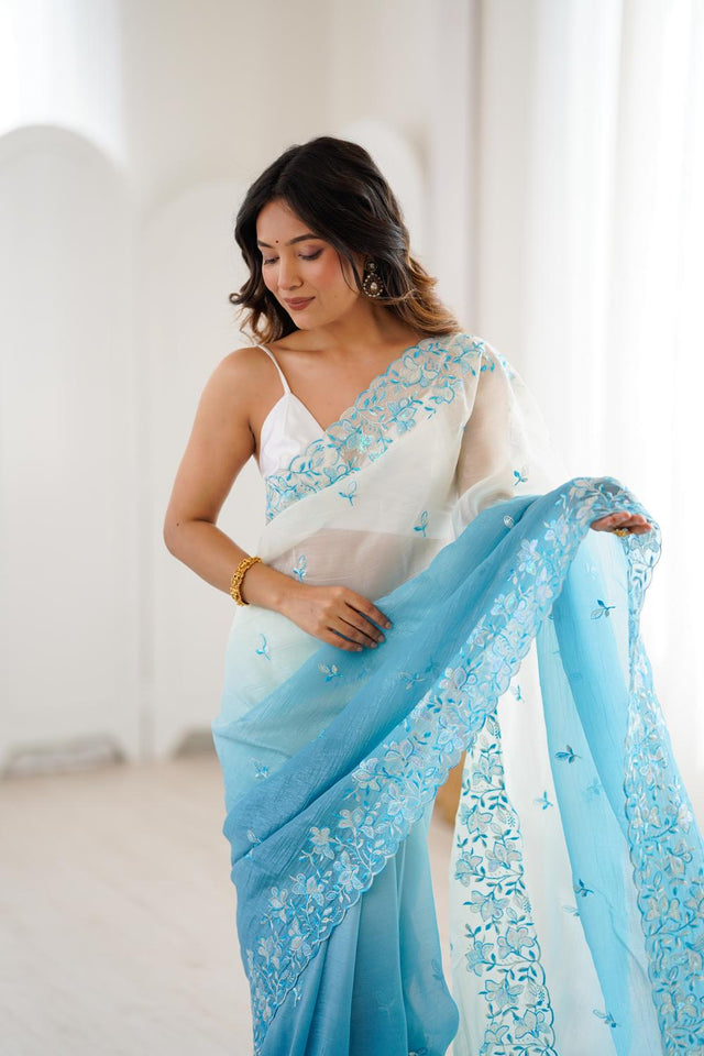 Blue Floral Embroidered Chiffon Saree (ACA5704)
