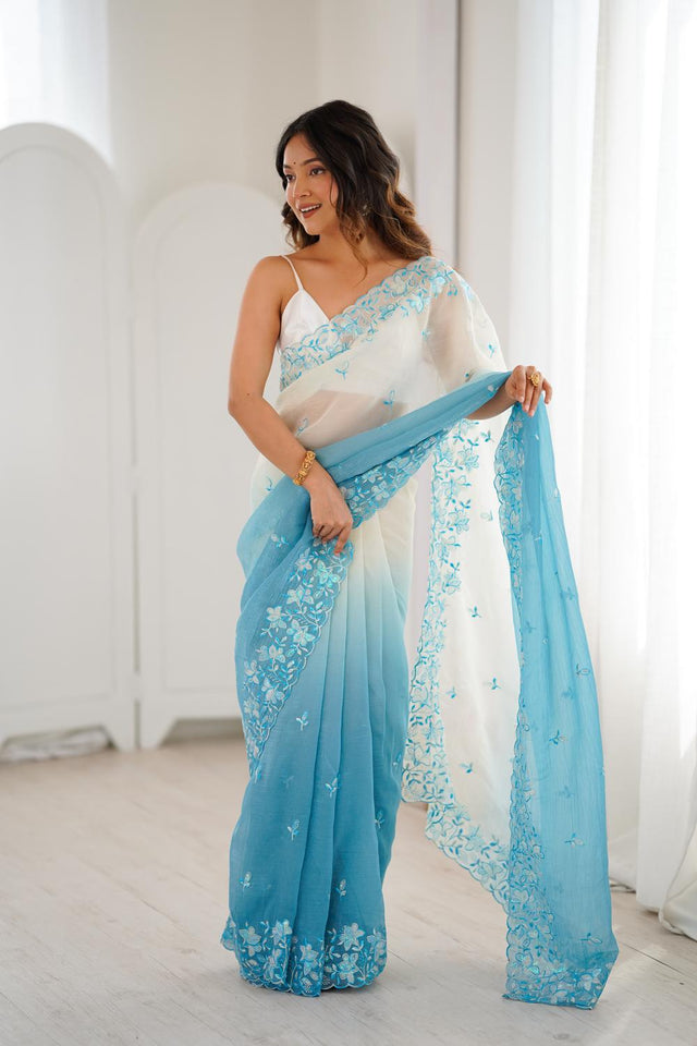 Blue Floral Embroidered Chiffon Saree (ACA5704)