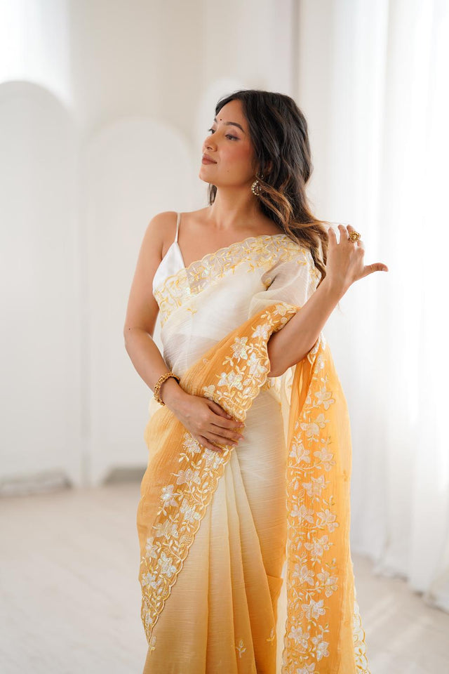 Yellow Floral Embroidered Chiffon Saree (ACA5705)