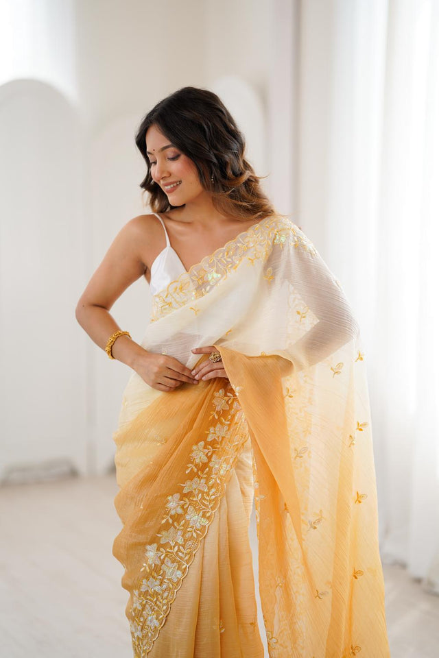 Yellow Floral Embroidered Chiffon Saree (ACA5705)