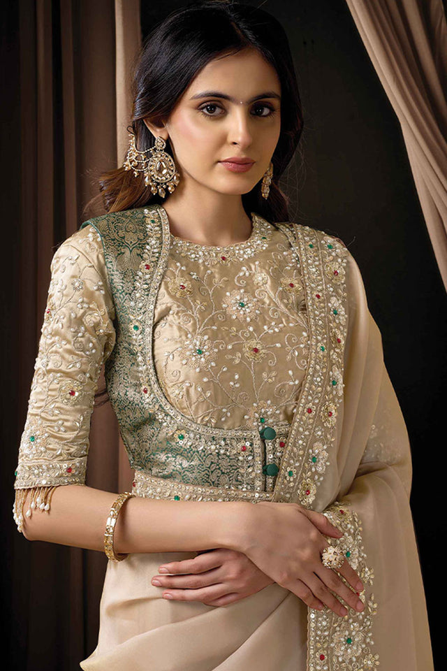 Beige Embellished Organza Saree (ACA5741)