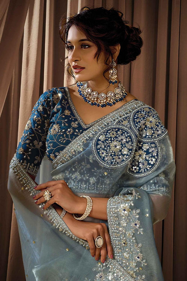 Grey Embellished Organza Saree (ACA5746)