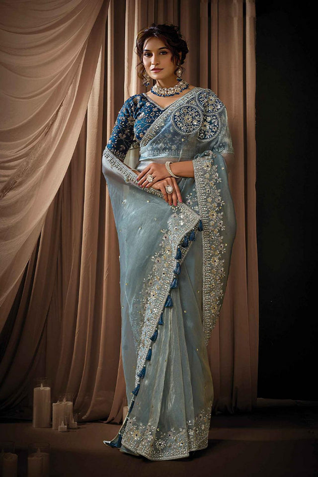 Grey Embellished Organza Saree (ACA5746)