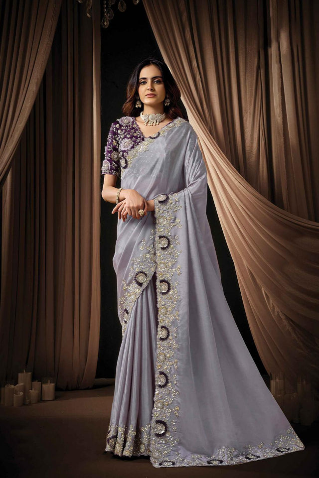 Lavender Embellished Silk Saree (ACA5747)