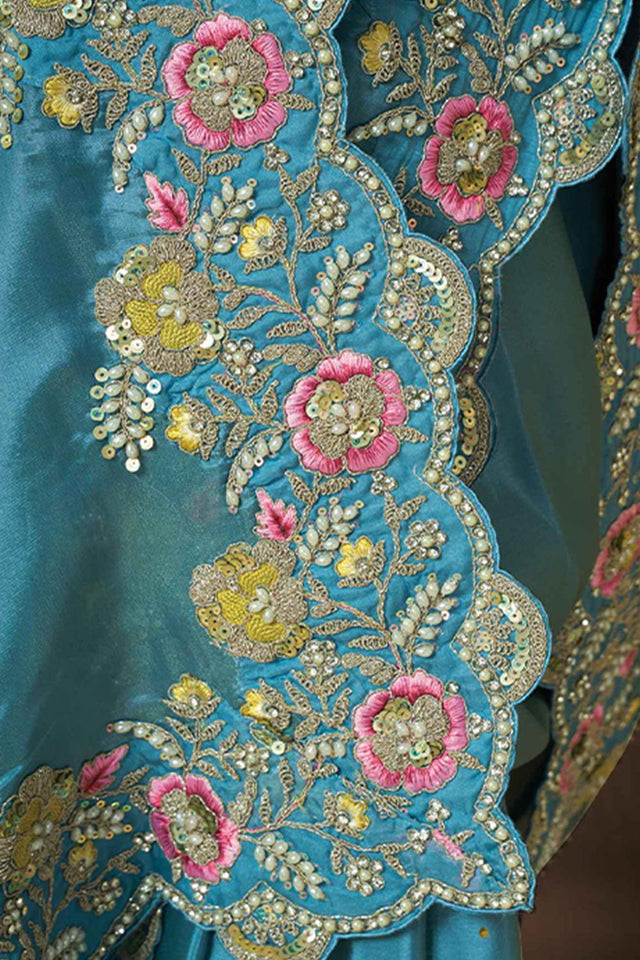Blue Embellished Silk Saree (ACA5749)