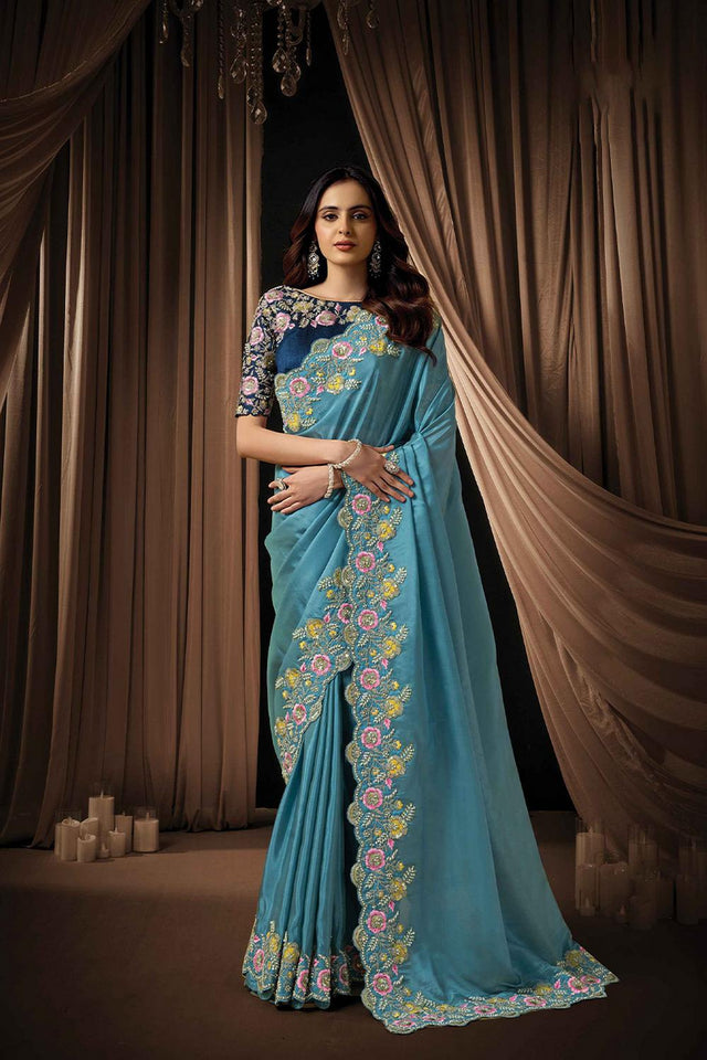 Blue Embellished Silk Saree (ACA5749)