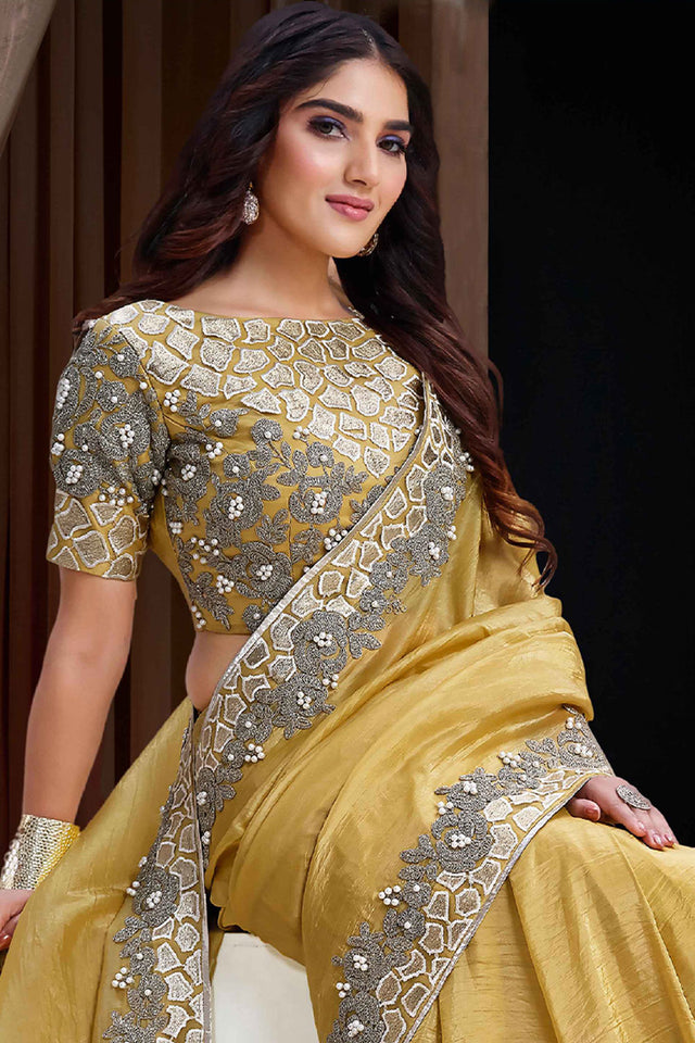 Yellow Embellished Silk Saree (ACA5754)
